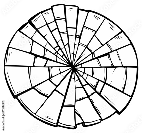 Abstract radial pattern of geometric shapes resembling a shattered spiderweb or abstract mandala