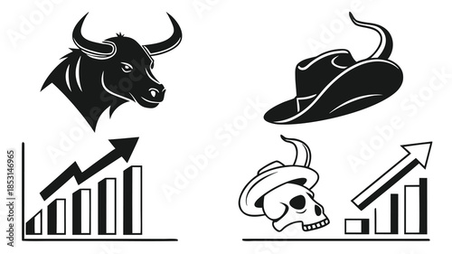 Vector illustration collection of four black and white icons on with graphs and symbols