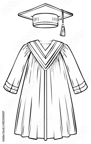Vector line art of graduation cap and gown symbolizing education and success