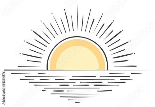 Sun over ocean illustration, sunrise or sunset concept.