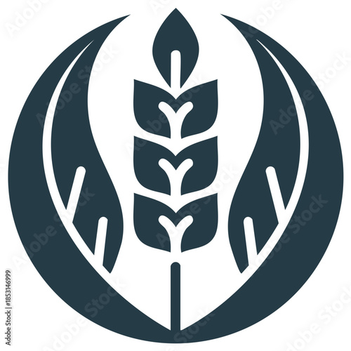 Modern flat vector icon of a wheat stalk and leaves in a circle for agriculture and organic food