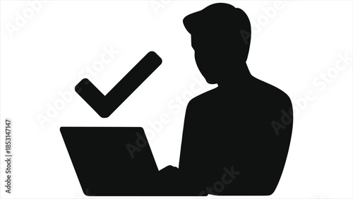 E-Learning Student Online Exam Vector Icon. Digital Quiz Completion on Laptop with Checkmark. Remote Study, Virtual Test, Passed Assessment, Education Success.