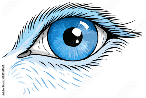 Stylized close up of a vivid blue eye with white fur and lashes