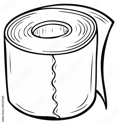 Doodle of toilet paper roll with wavy perforation, outline illustration design for hygiene, restroom, or sanitary supply themes