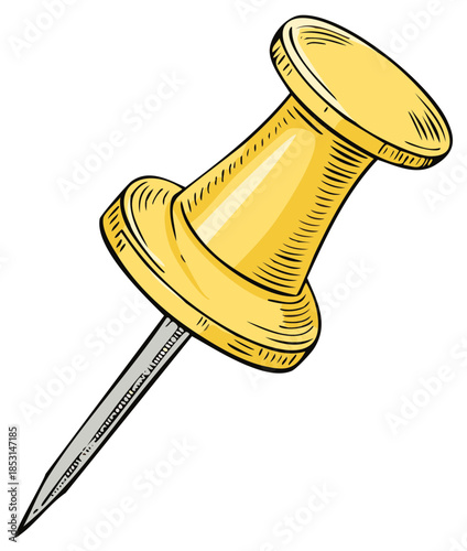 Yellow push pin illustration. Hand drawn art style of a thumbtack isolated for office supply and stationery.
