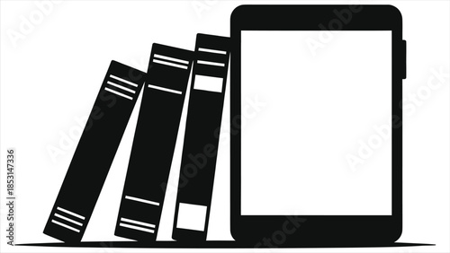 E-Learning Vector: Tablet with Book Stack for Digital Learning Education Concept, Illustration of Modern Study Tools and Online Knowledge Access, Black and White Graphic Design