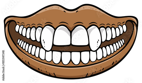 Grinning Mouth with Large Chipped Teeth and Fangs Cartoon Illustration