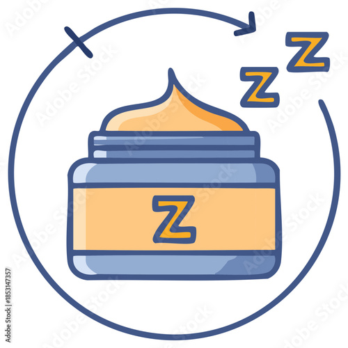 Illustration of a night cream jar with a sleep symbol for an evening skincare routine