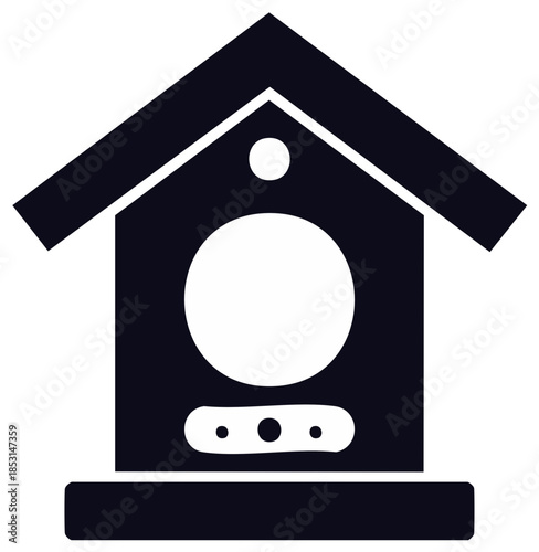 Simple graphic of a traditional birdhouse with a round opening for birds