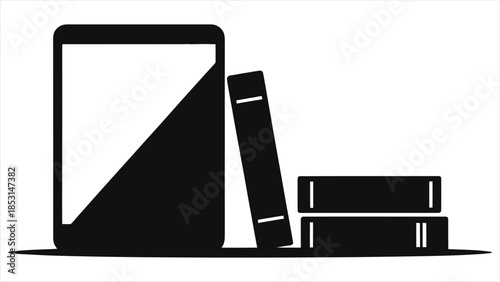 E-learning concept with digital tablet and stack of books, online education icon, minimalist black and white vector illustration of digital library, virtual classroom, remote study technology tools
