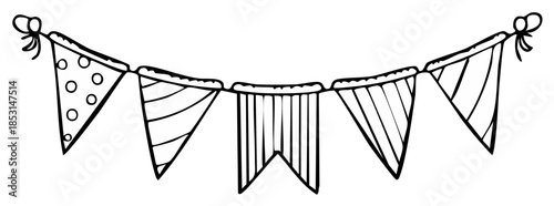 Doodle style celebration flag garland with patterns black and white outline for party decoration