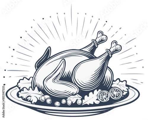 Whole roasted chicken with garnish on a serving platter in a line art style