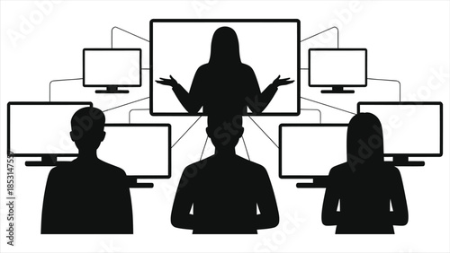 E-Learning Vector: Teacher and Students Connected via Screens - Digital Classroom Illustration with Silhouettes and Networked Computers for Online Education Platforms