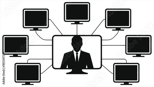 Vector illustration of online education concept with teacher and students connected via screens for virtual learning, remote classroom, e-learning, distance teaching, and digital education