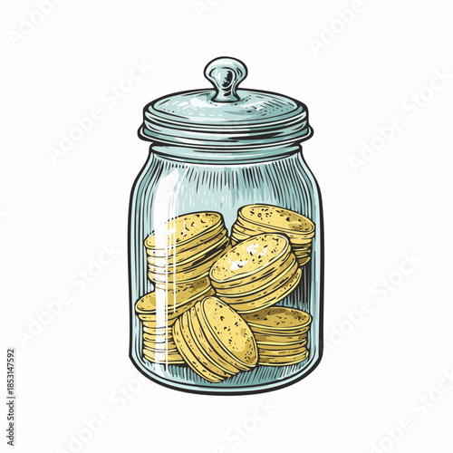 Etching style illustration of a tall glass jar filled with lidah kucing cookies, featuring elegant vintage line details, perfect for bakery branding, packaging design, and classic snack concepts.