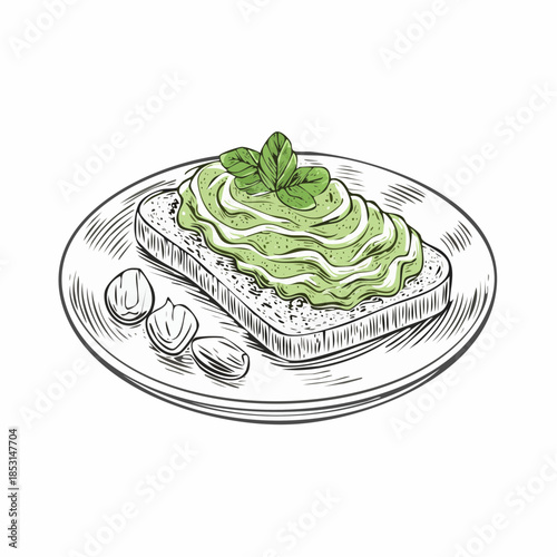 Engraved etching illustration of Australian sourdough toast topped with mashed avocado on a plate, featuring clean vintage lines, perfect for brunch menus, cafe branding, and food illustrations.