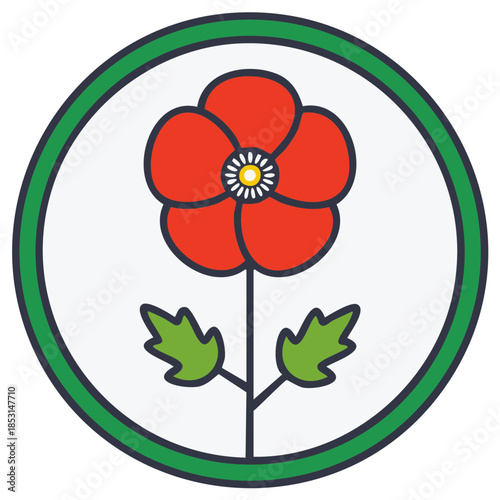 Stylized red poppy flower icon with stem and leaves inside a circular green frame emblem