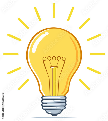 Bright yellow cartoon light bulb shining brilliantly symbolizing a new creative idea or solution