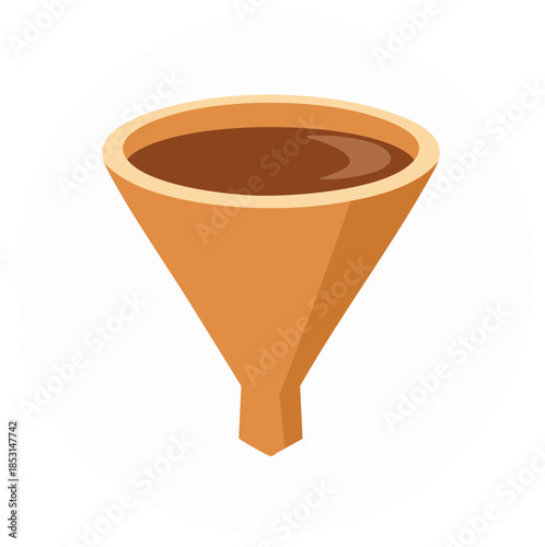 Vector illustration of a funnel with brown liquid flowing through, representing filtration or processing