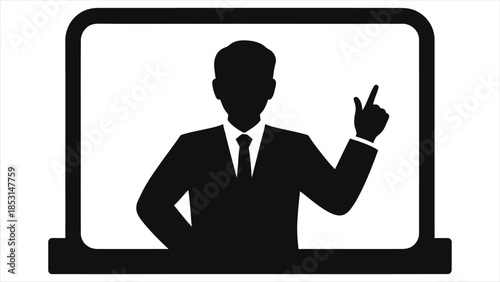 E-learning and online webinar concept. Vector icon of a presenter or teacher on a laptop screen giving a remote lesson or business presentation. Simple flat illustration.