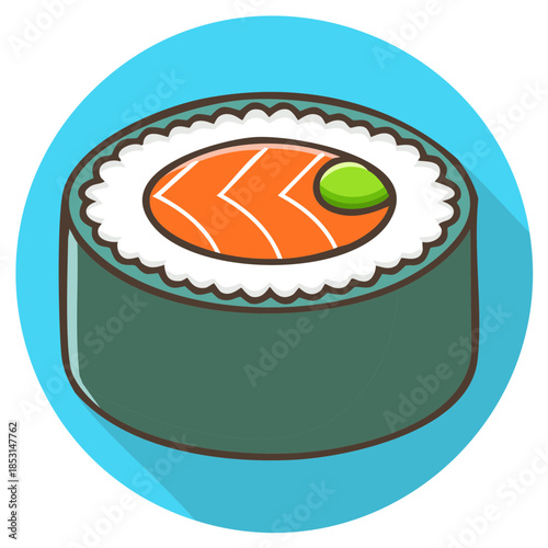 Salmon maki sushi roll flat design icon with wasabi illustration