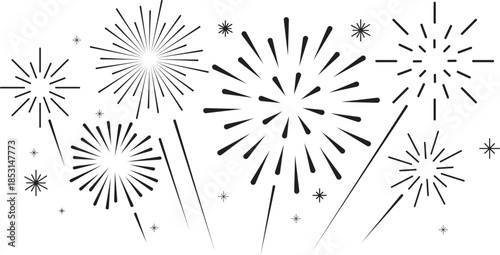 Colorful display of festive fireworks exploding in various shapes and patterns against a white backdrop