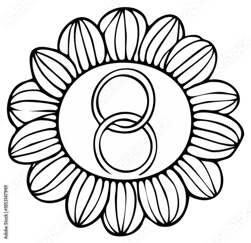 Stylized number eight symbol enclosed in a floral outline