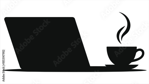 Minimalist e-learning vector: steaming coffee cup and open laptop on clean desk, black and white study workspace for online classes, remote learning, webinars, productivity, home office banner graphic