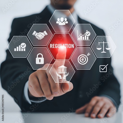 Businessman interacting with regulation icons on digital interface