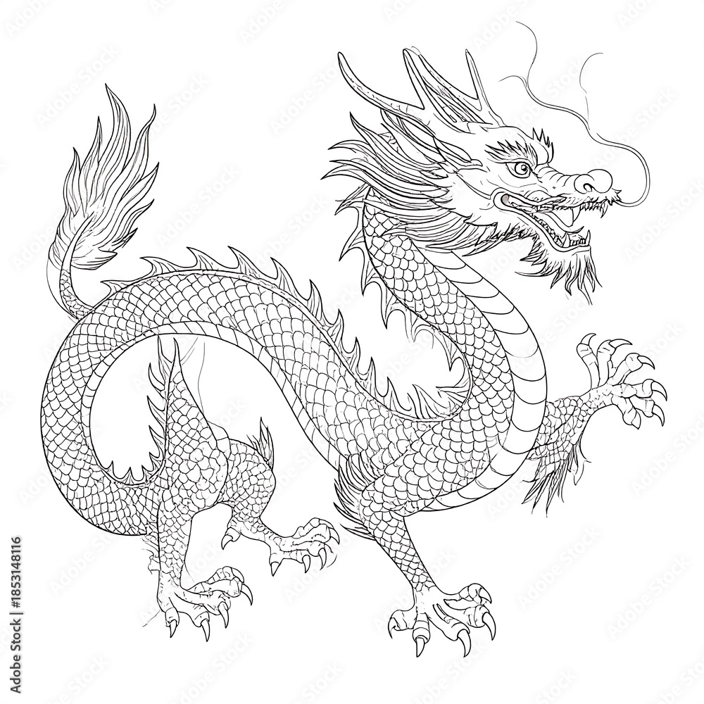 Fototapeta premium Line art of a Chinese dragon, poised and detailed