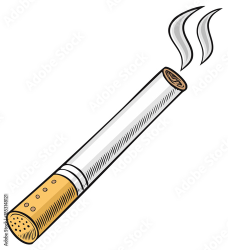 Cartoon Smoking Cigarette with Rising Smoke Illustration - Concept of Addiction and Unhealthy Habits