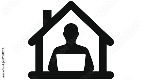 E-learning at Home Vector Icon - Student with Laptop Inside House, Online Education, Distance Learning, Virtual Classroom, Remote Study, Homeschooling, Webinar, Training, Remote Teaching Symbol Vector