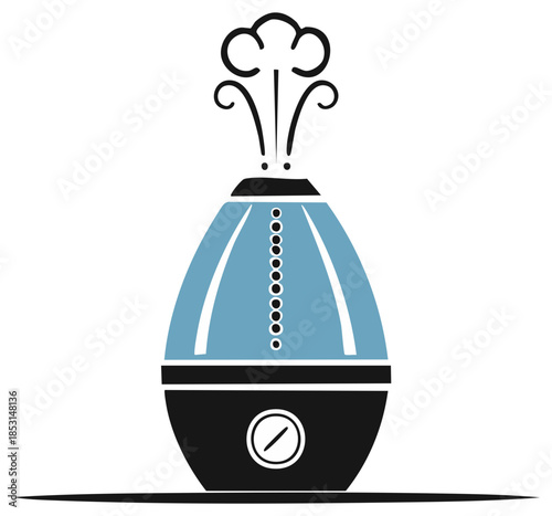 Humidifier illustration releasing steam in blue and black color scheme featuring simple design for clean air and healthy living