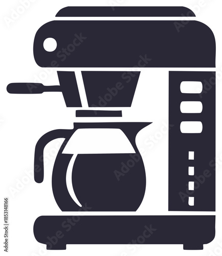 Monochrome illustration of coffee maker with pot filled with freshly brewed coffee, kitchen appliance icon