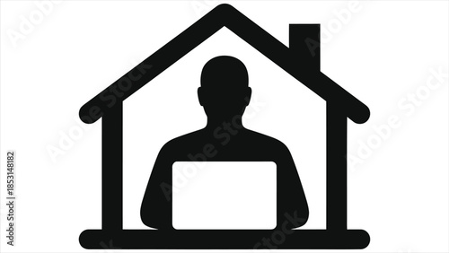 E-learning vector icon: student studying online at home with laptop inside house silhouette, remote education, distance learning, virtual classroom, homeschooling, webinar training, digital course art