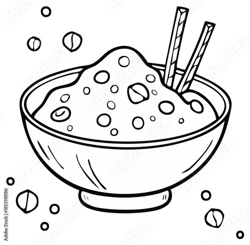 Sketch of Asian Dessert in Bowl with Sticks and Peanuts Around
