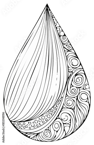 Detailed black and white abstract water drop shape with intricate zentangle inspired line art pattern for coloring