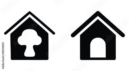 House and dog house icons with tree cutout. Minimalist home symbols