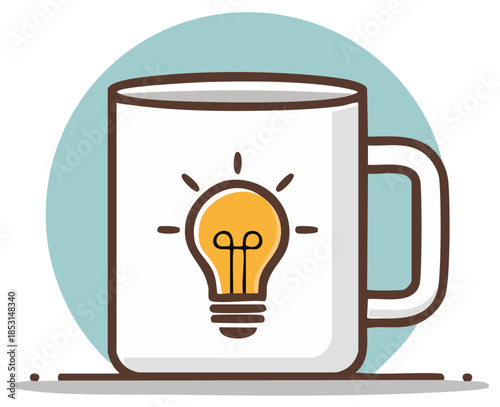 White coffee mug with lightbulb design on blue circle background illustrates inspiration or eureka moments and creative concepts