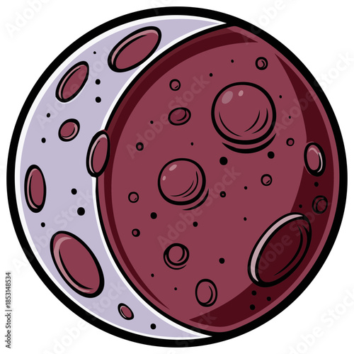 Stylized red cartoon planet with craters and a purple crescent