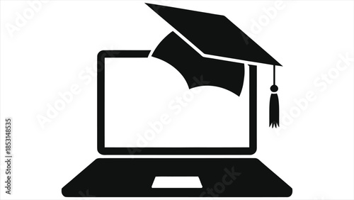 E-Learning Vector: Laptop with Graduation Cap Icon, Online Education Symbol, Digital Learning Graphic, Remote Study Design, Virtual Classroom Art, Technology in Education Illustration, Modern Learning