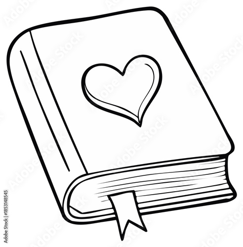 Heart-Shaped Design on Closed Book with Bookmark, Line Art Illustration
