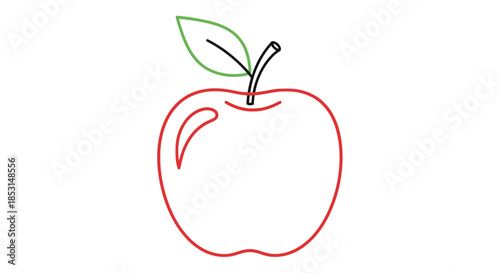 A vibrant red apple line drawing with a green leaf and black stem on a white background Vector