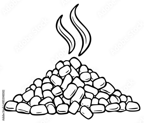 A heap of oblong white sweets or coals with steam or fire rising from it.
