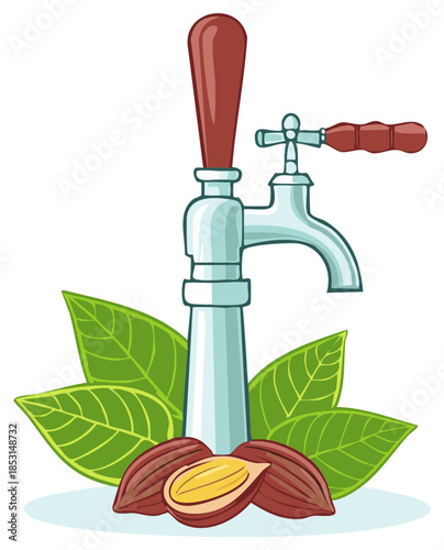 Stylized illustration of a beverage tap with fresh cocoa beans and green leaves for natural drink production