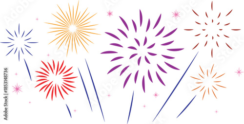Colorful display of festive fireworks exploding in various shapes and patterns against a white backdrop