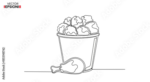 Continuous line drawing of a bucket of delicious fried chicken pieces with a drumstick Vector