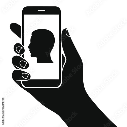 Mobile Learning Concept: Hand Holding Smartphone with Human Profile Silhouette for E-Learning, Online Education, Digital Training, and Distance Study. Minimalist Black and White Vector Illustration
