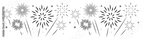 Colorful display of festive fireworks exploding in various shapes and patterns against a white backdrop
