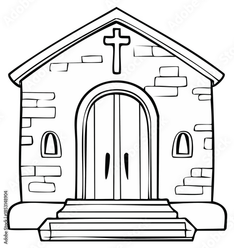 Outline drawing of a Christian church building with cross and arched door